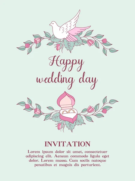 Invito Matrimonio Matrimoni Felici Ghirlande Fiori Sposa Rosa Con Colombe — Vettoriale Stock