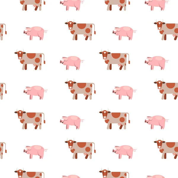 Patrón Sin Costuras Sobre Fondo Blanco Bonitas Vacas Cerdos Productos — Vector de stock