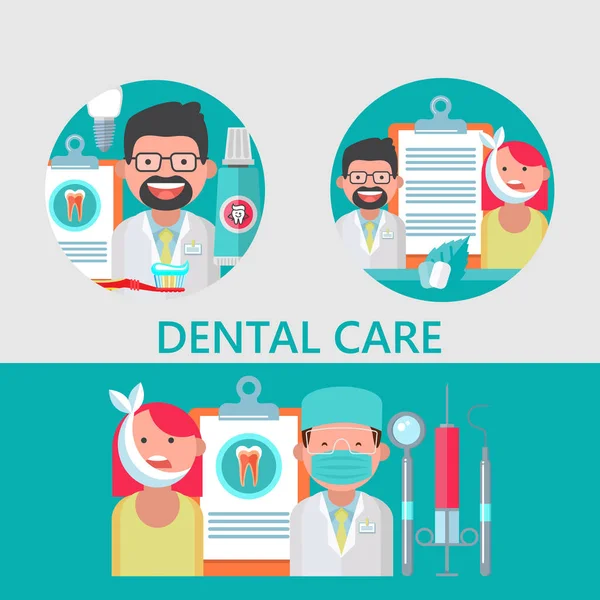 Cuidado Dental Ilustración Vectorial Estilo Plano Dentista Amigable Paciente Con — Archivo Imágenes Vectoriales