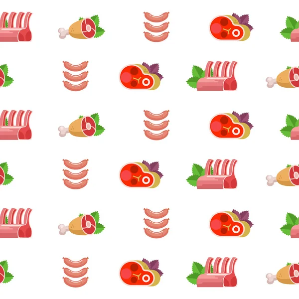 Padrão Sem Costura Fundo Branco Carne Fresca Presunto Delicioso Salsichas —  Vetores de Stock