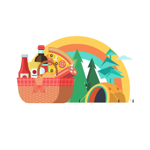 Picnic Basket Food Background Mountain Landscape Rainbow Tents Drinks Pizza — Stock Vector