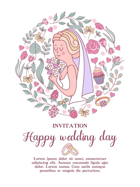 Приглашение Свадьбу Прекрасная Свадебная Открытка Красивая Невеста Букетом Руке Окружении — стоковый вектор