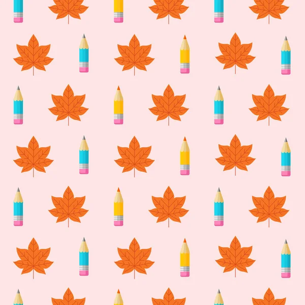 Orange Autumn Leaves Colorful Pencils Colorful Seamless Patterns Theme Education — Stock Vector