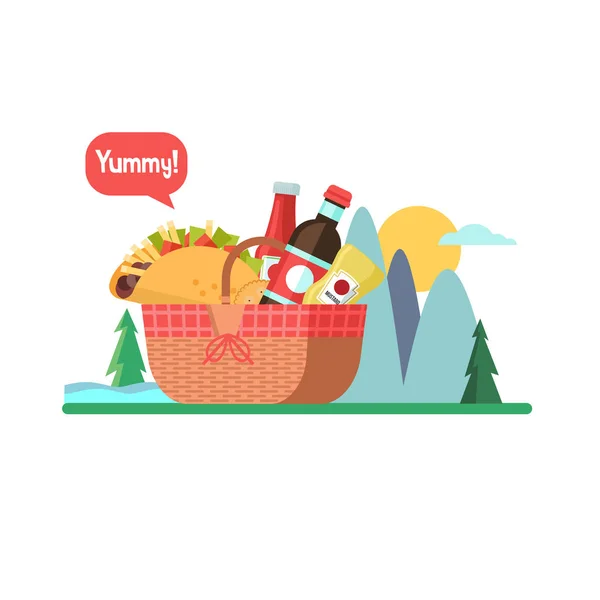 Picnic Basket Food Background Mountain Landscape Drinks Tacos Ketchup Mustard — Stock Vector