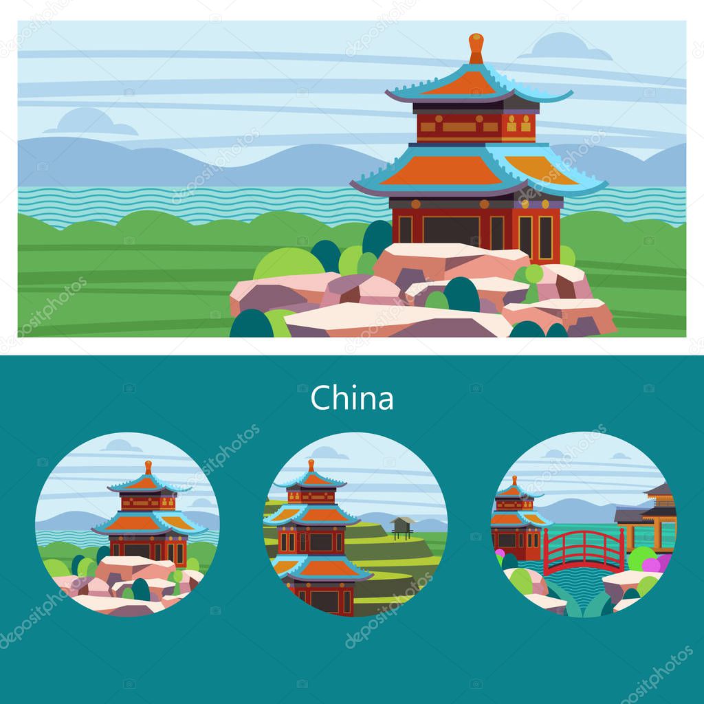 Magnificent, magical China. Vector illustration of emblem with place for text. Beautiful scenery, Chinese traditional houses. Rice fields, terraces.