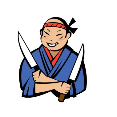 İki bıçaklı bir kimono giymiş Japon aşçı. Japon restoranının vektör logosu.