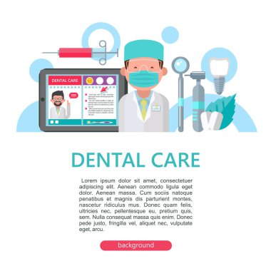 Doktor diş hekimi maskeli. Araçlar kümesi, tablet diş hekimliği için bir uygulama ile. Metin için yer ile illüstrasyon.
