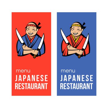 İki bıçaklı bir kimono giymiş Japon aşçı. Japon restoranının vektör logosu.