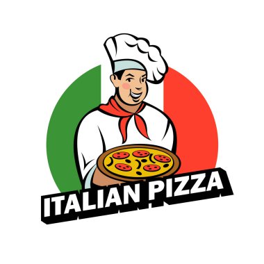 Lezzetli pizza tutan İtalyan Şef. Pizzacı vektör logosu.