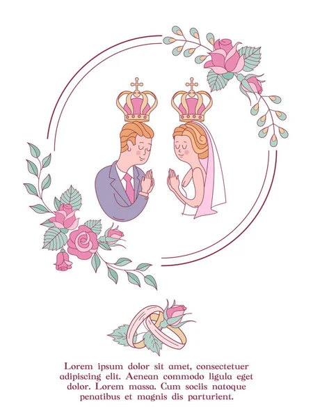 Elegante Hochzeitseinladung Vektor Illustration Grußkarte Braut Und Bräutigam Mit Kronen — Stockvektor