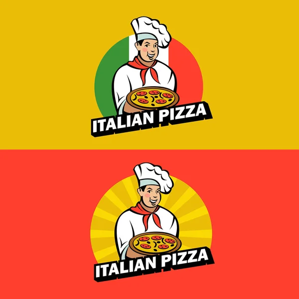 Chef Italiano Sosteniendo Una Deliciosa Pizza Logo Vectorial Pizzería — Archivo Imágenes Vectoriales