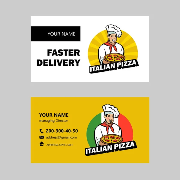 イタリア人シェフのおいしいピザを保持しています ピザ屋のベクトルのロゴ 名刺のレイアウト — ストックベクタ