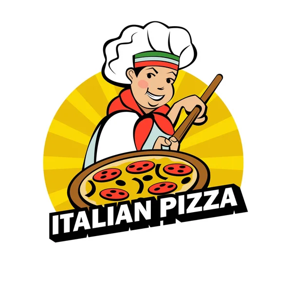 Lindo Chef Italiano Dedica Cocinar Deliciosa Pizza Logo Vectorial Pizzería — Vector de stock