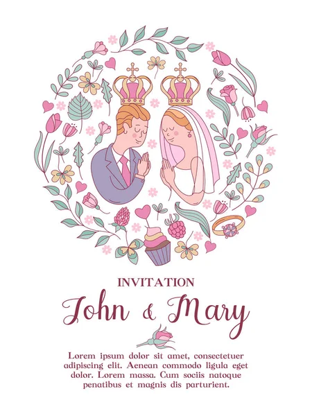 Elegante Invitación Boda Ilustración Vectorial Tarjeta Felicitación Novia Novio Con — Vector de stock