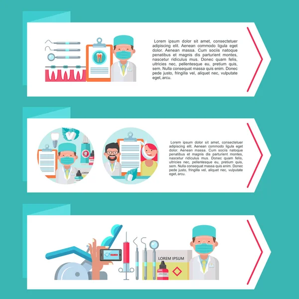 Odontología Cuidado Dental Ilustración Vectorial Estilo Plano Conjunto Pancartas Con — Archivo Imágenes Vectoriales