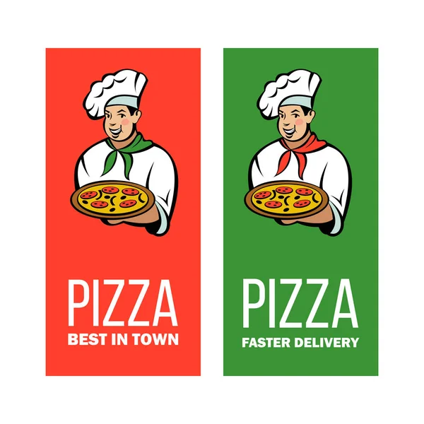 Chef Italiano Con Una Deliziosa Pizza Logo Vettoriale Della Pizzeria — Vettoriale Stock