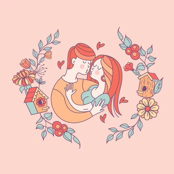 Junge Und Mädchen Brautpaar Liebe Vektorillustration Linearer Weise Valentin Tageskarte — Stockvektor