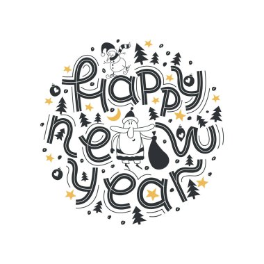 Yeni yıl hat ifade neşeli ve parlak. Kartları, posterler, tişörtler, vb elle çizilmiş unsurlar ile modern yazı. Neşeli Santa hediyeler ve bir kardan adam bir çanta ile.
