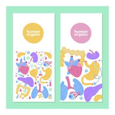 İnsan organları ameliyatları ve ekimi için. Tıp el çizilmiş simgeler. Vektör çizim karikatür tarzı, renkli tasarım yaptı.
