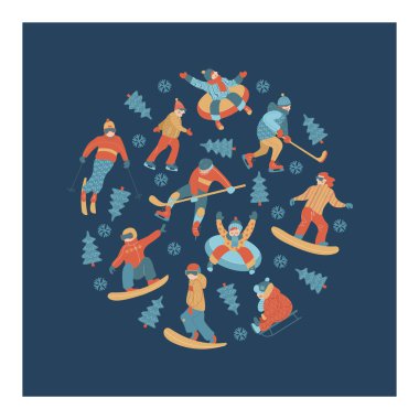 Kar kış spor ve eğlence faaliyetleri. Kayak, buz pateni, halletme, snowboard insanlar. Herkesdaire oluşturacak şekilde odaklı karakter kümesi. Vektör çizim.