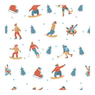 Seamless modeli. Beyaz arka plan üzerinde. Yeni Yılınız Kutlu Olsun. Vektör çizim. Kış spor ve rekreasyon karakter kümesi.