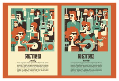 Retro parti poster. Vektör çizim retro tarzı. İnsanlar 60-70 yıl şekilde giyinmiş. Erkek ve kadın içecekler barda. Müzik aletleri, vinil diskler.