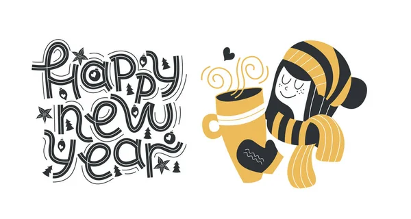 Feliz Año Nuevo Letras Dibujadas Mano Quote Cute Chica Sombrero — Archivo Imágenes Vectoriales