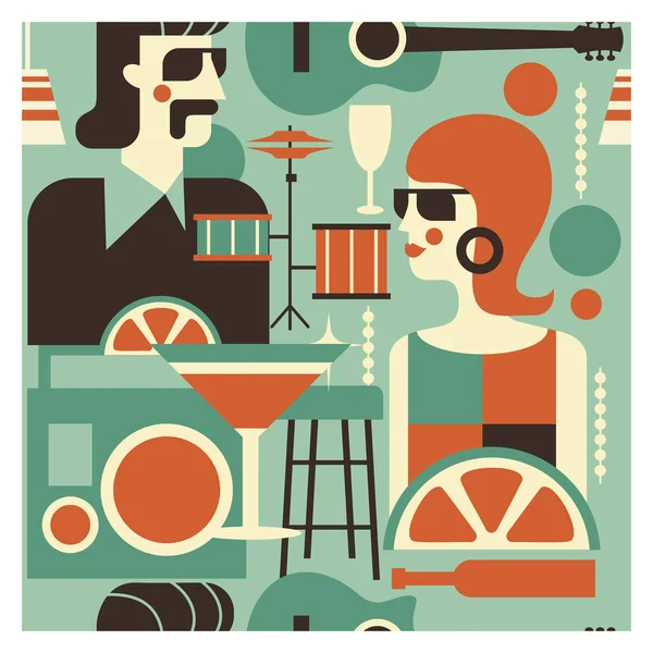 Naadloze Patroon Retro Partij Poster Vectorillustratie Retro Stijl Mensen Gekleed — Stockvector