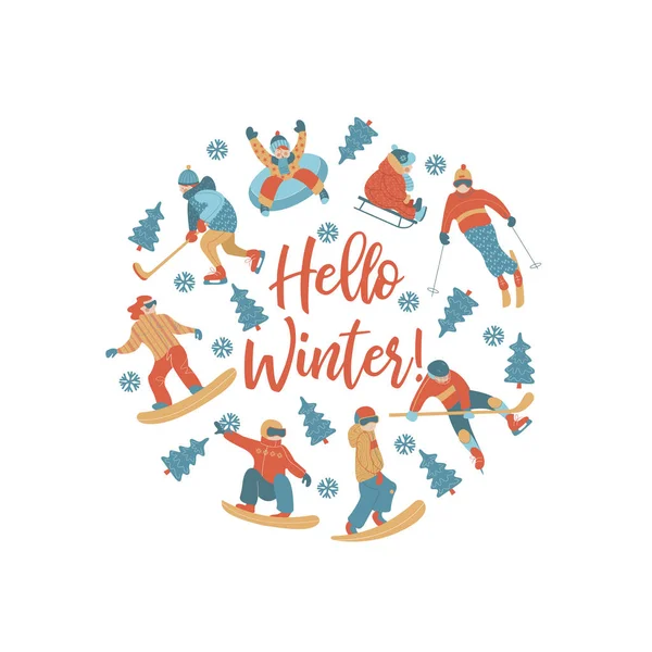 Hello Winter Winter Sports Fun Activities Snow People Skiing Skating — Stock Vector