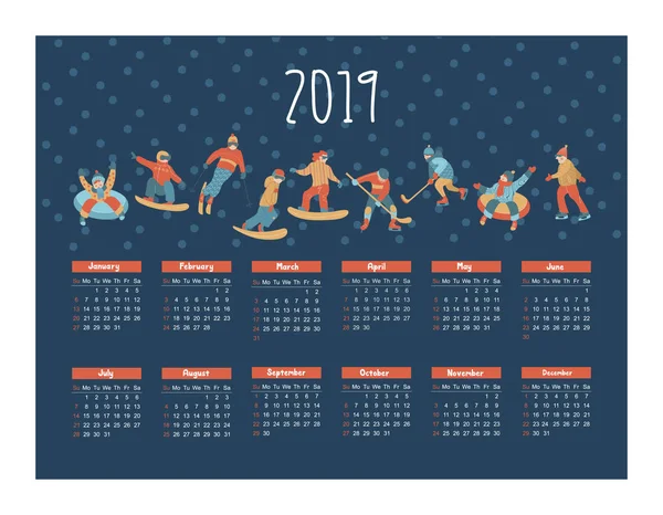 Календар 2019 Року Векторні Ілюстрації Набір Персонажів Займаються Зимовими Видами — стоковий вектор