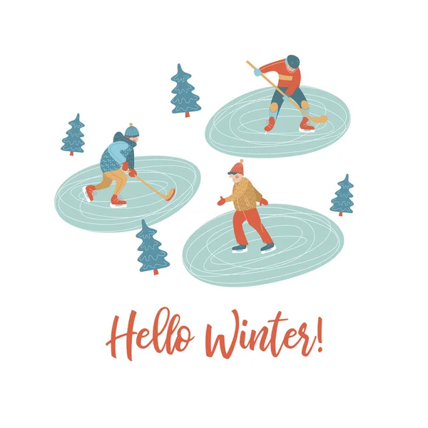 Hello Winter Vector Illustration Greeting Card People Ice Rink Playing — Stock Vector