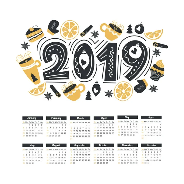 Calendario 2019 Tipografía Vectorial Diseñador Tarjetas Felicitación Navideña Letras Dibujadas — Archivo Imágenes Vectoriales