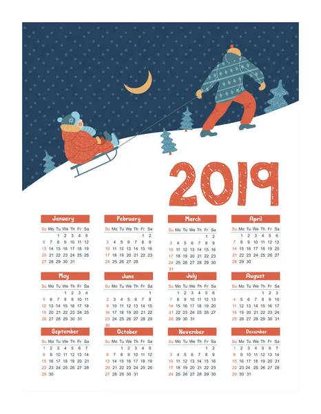 Calendario 2019 Ilustración Vectorial Papá Rueda Trineo Del Niño — Archivo Imágenes Vectoriales