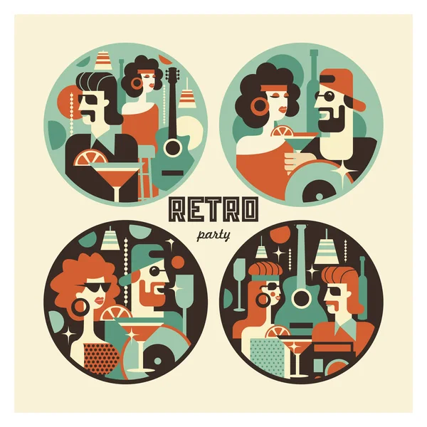 Retro Partij Poster Vectorillustratie Retro Stijl Mensen Gekleed Mode Van — Stockvector