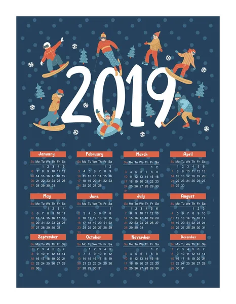 Calendario 2019 Ilustración Vectorial Conjunto Personajes Dedicados Los Deportes Invierno — Archivo Imágenes Vectoriales