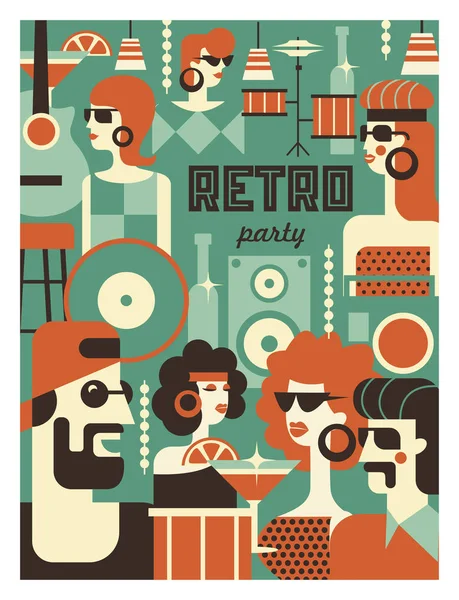 Cartel Fiesta Retro Ilustración Vectorial Estilo Retro Personas Vestidas Moda — Vector de stock