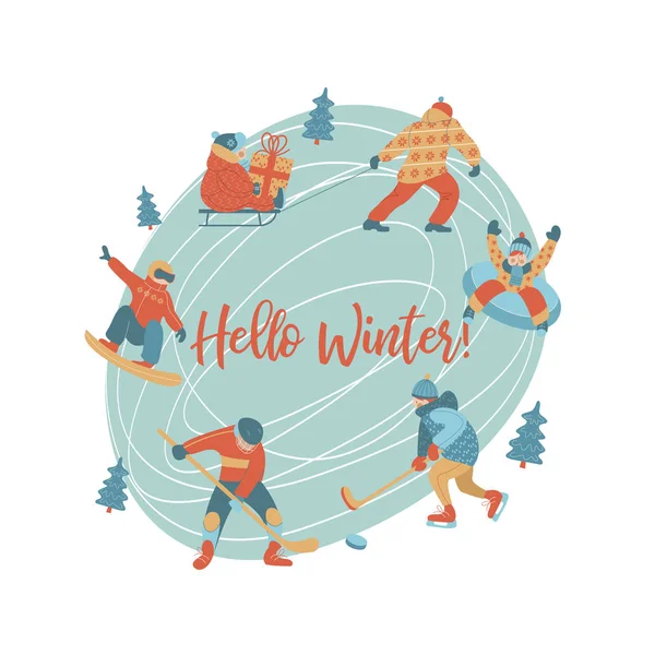 Привіт Зима Векторні Ілюстрації Листівки Люди Ковзанах Грають Хокей Катання — стоковий вектор