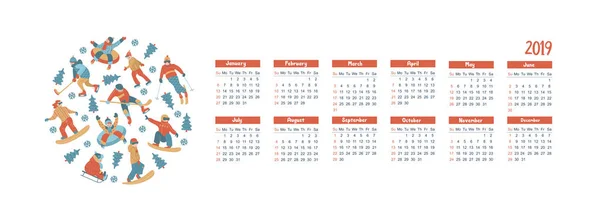 Calendar 2019 Ilustrație Vectorială Set Personaje Implicate Sporturi Iarnă Recreere — Vector de stoc