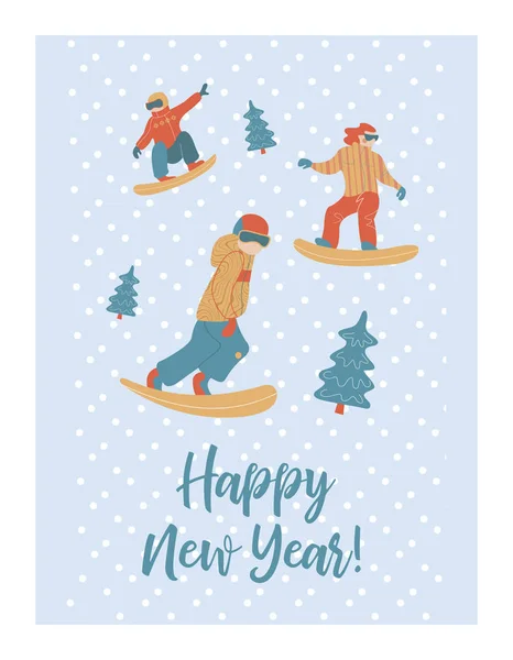 Симпатичная Зимняя Новогодняя Открытка Векторная Иллюстрация Парни Едут Снежной Горы — стоковый вектор