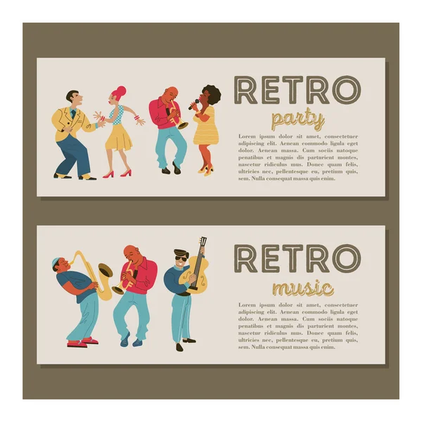 Petrecere Retro Muzicieni Jazz Cântând Trompetă Chitară Saxofon Dansează Fată — Vector de stoc