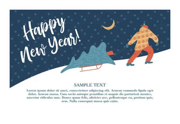 Happy New Year Vector Greeting Card Space Text Man Carries — Stock Vector