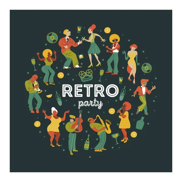 Retro Party People Dance Rock Roll Musicians Play Saxophone Trumpet — Stock Vector