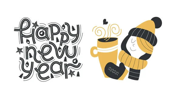 Feliz Año Nuevo Letras Dibujadas Mano Quote Cute Chica Sombrero — Archivo Imágenes Vectoriales