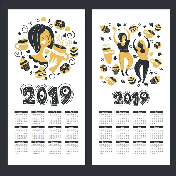 Calendar 2019 Cute Girl Set Different Sweets Vector Typography Holiday — Stock Vector