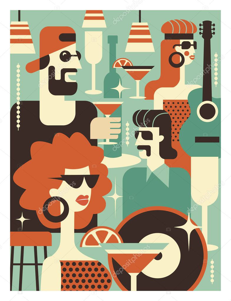 Retro party poster. Vector illustration in retro style. People dressed in the fashion of 60-70 years. Men and women in the bar with drinks. Musical instruments, vinyl discs.