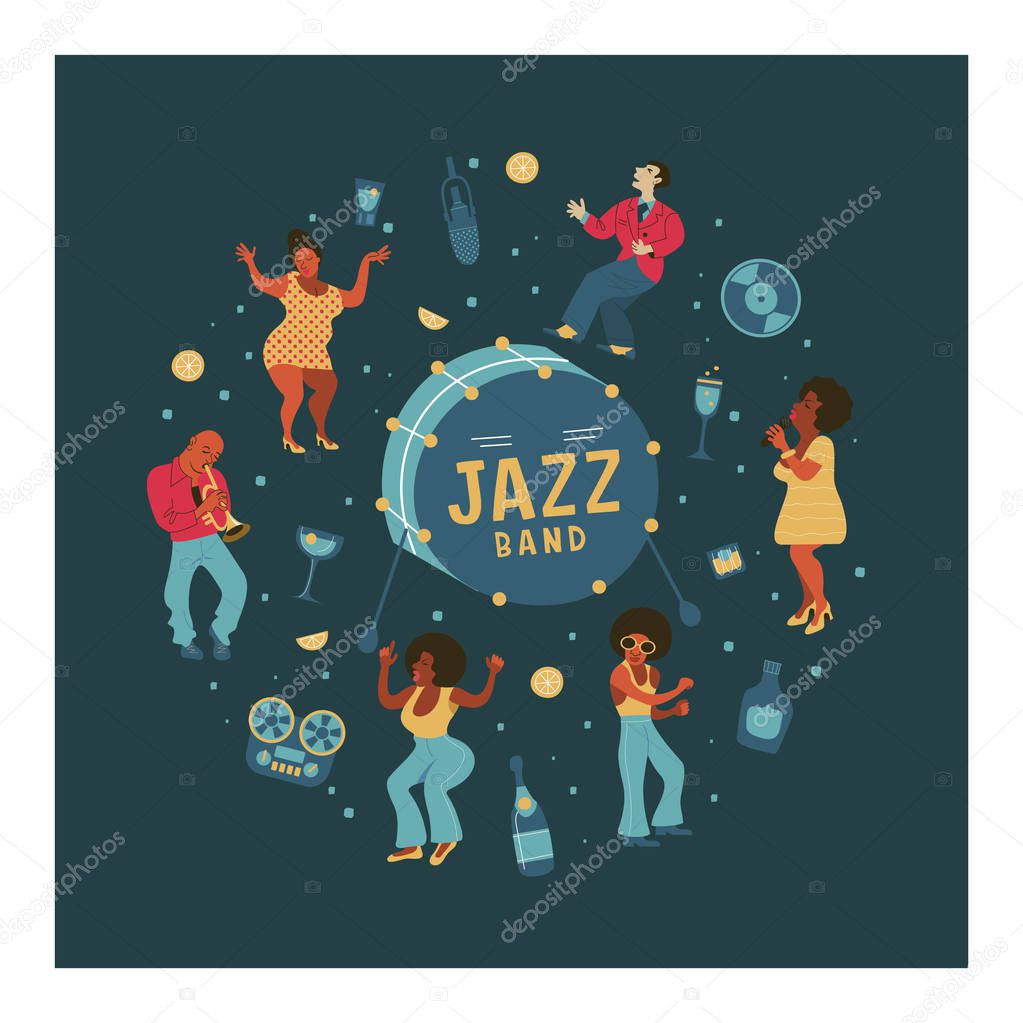 Retro party. People dance rock and roll. Musicians play saxophone and trumpet. Jazz singer. A large set of characters in the style of 70-80 years. Vector illustration, poster.