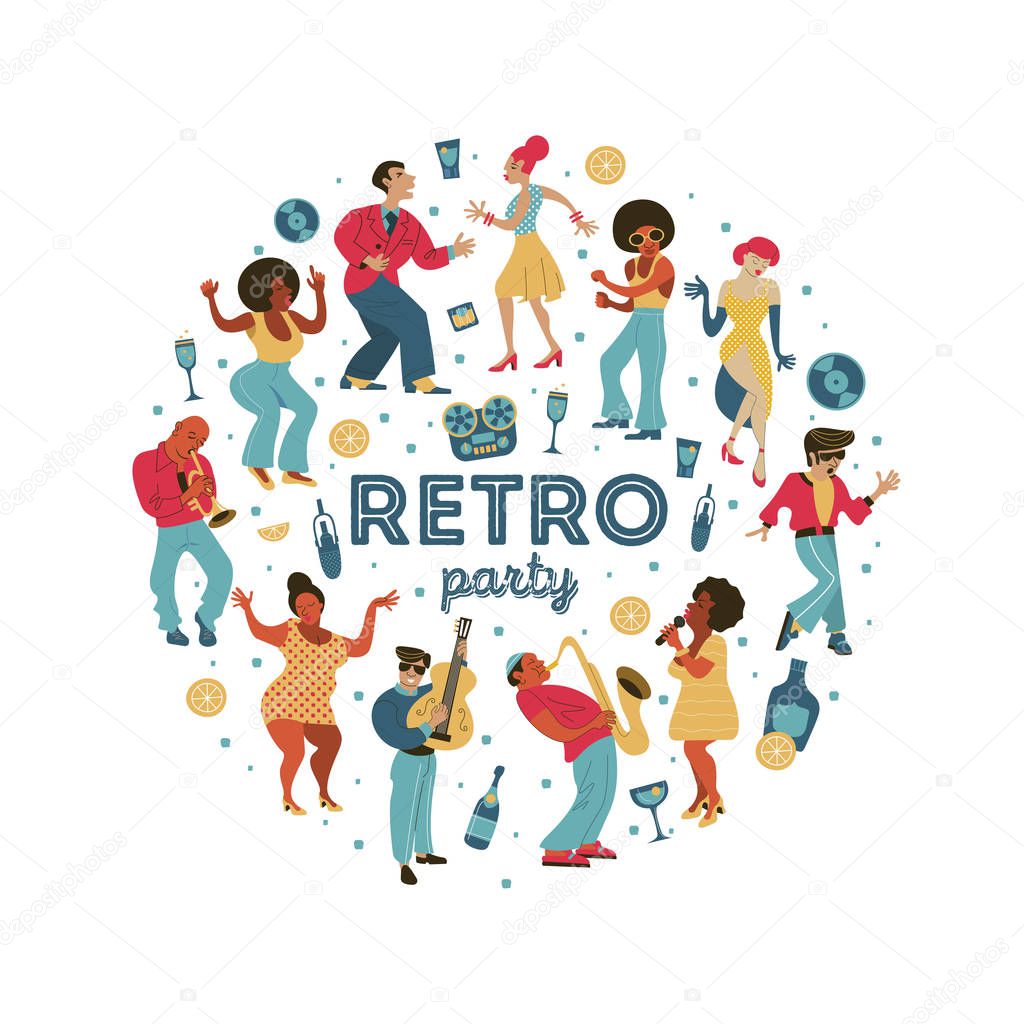 Poster of the festival of jazz music. Retro party. People dance rock and roll. Musicians play saxophone and trumpet. Jazz singer. A large set of characters in the style of 70-80 years. Vector illustration, poster.