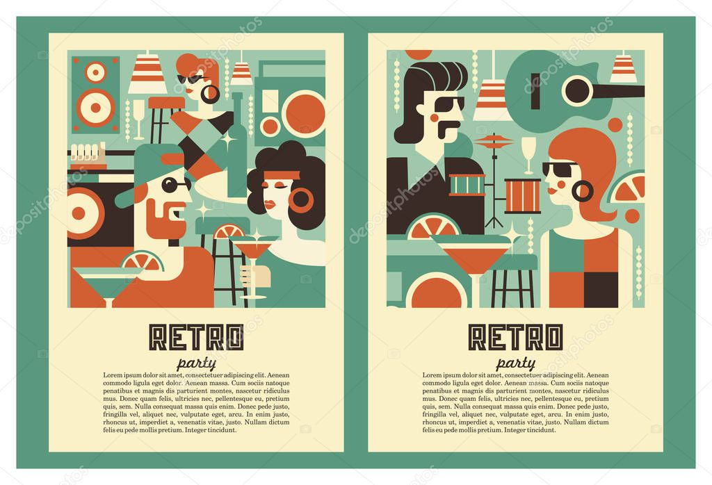 Retro party poster. Vector illustration in retro style. People dressed in the fashion of 60-70 years. Men and women in the bar with drinks. Musical instruments, vinyl discs.
