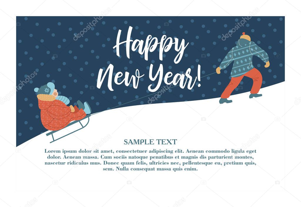 Cute winter new year greeting card, vector illustration. Dad's taking the sledge with his child in the mountain
