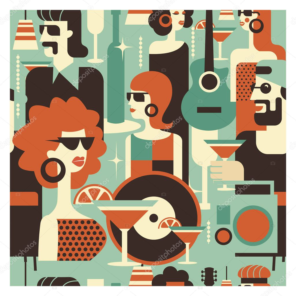Seamless pattern. Retro party poster. Vector illustration in retro style. People dressed in the fashion of 60-70 years. Men and women in the bar with drinks. Musical instruments, vinyl discs.